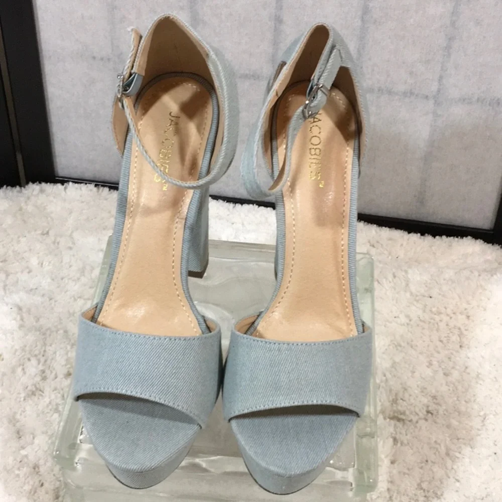 Jacobies denim embroidered platform heels